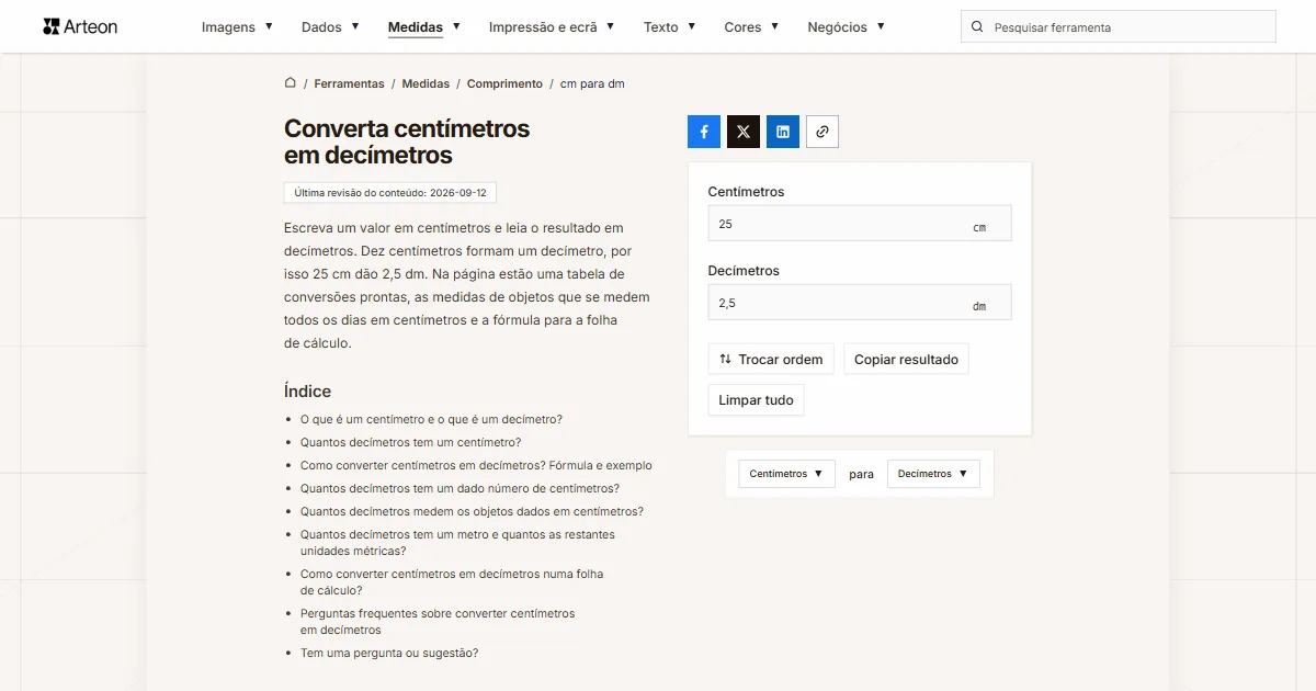 Captura de ecrã da ferramenta gratuita da Arteon: Converta centímetros em decímetros