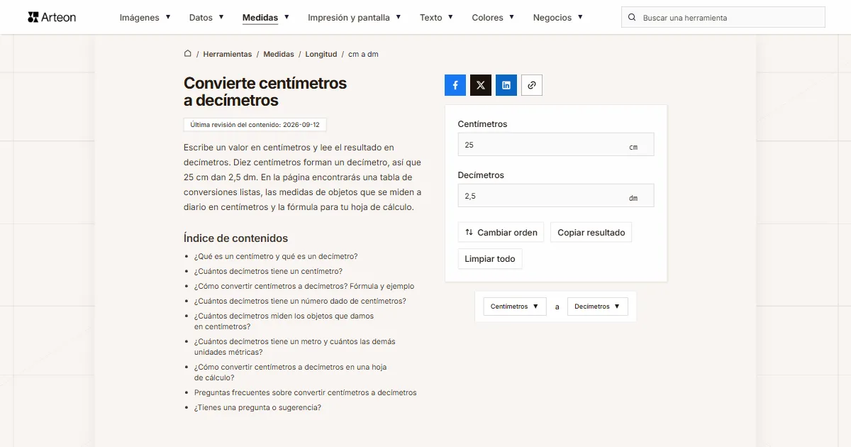 Captura de pantalla de la herramienta gratuita de Arteon: Convierte centímetros a decímetros
