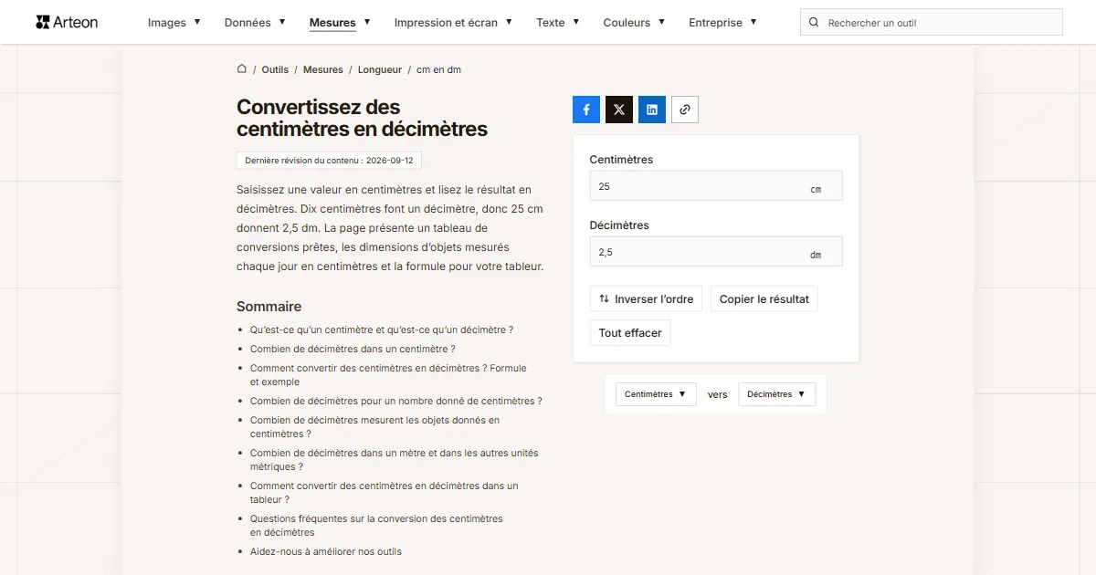 Capture d'écran de l'outil gratuit d'Arteon: Convertissez des centimètres en décimètres