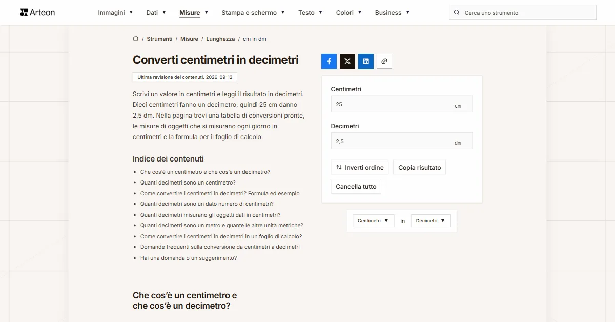 Screenshot dello strumento gratuito Arteon: Converti centimetri in decimetri