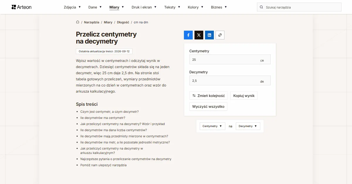Zrzut ekranu darmowego narzędzia Arteon: Przelicz centymetry na decymetry