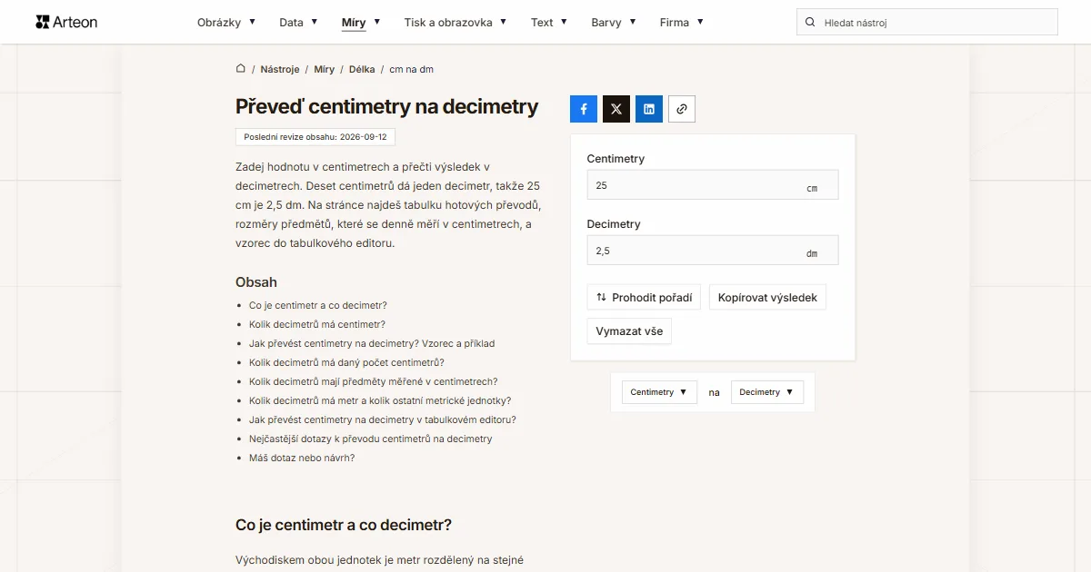 Snímek obrazovky bezplatného nástroje Arteon: Převeď centimetry na decimetry