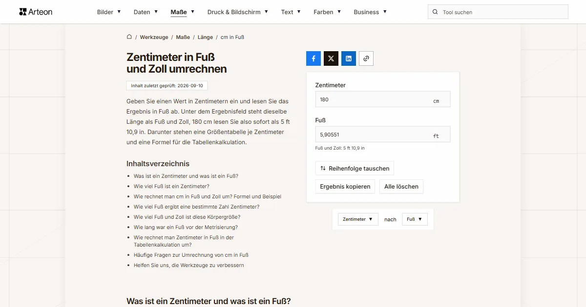 Screenshot des kostenlosen Arteon-Werkzeugs: Zentimeter in Fuß und Zoll umrechnen