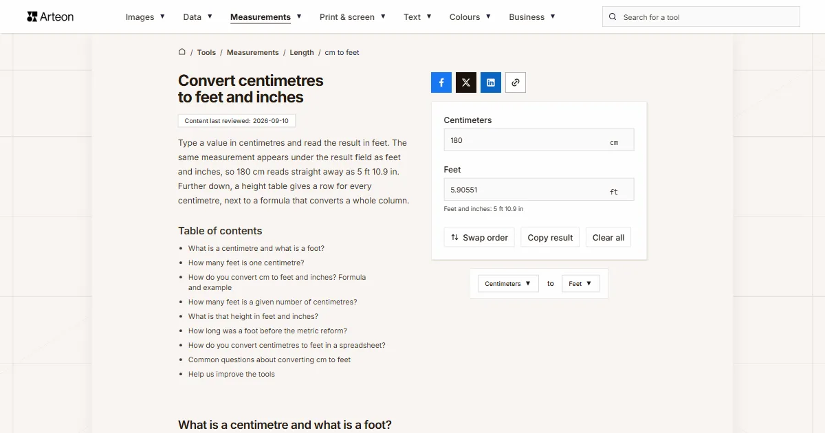 Arteon free tool screenshot: Convert centimetres to feet and inches