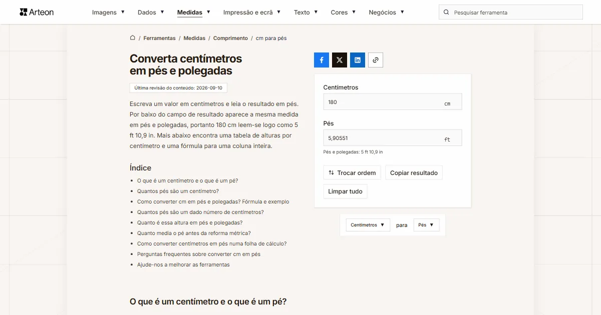 Captura de ecrã da ferramenta gratuita da Arteon: Converta centímetros em pés e polegadas