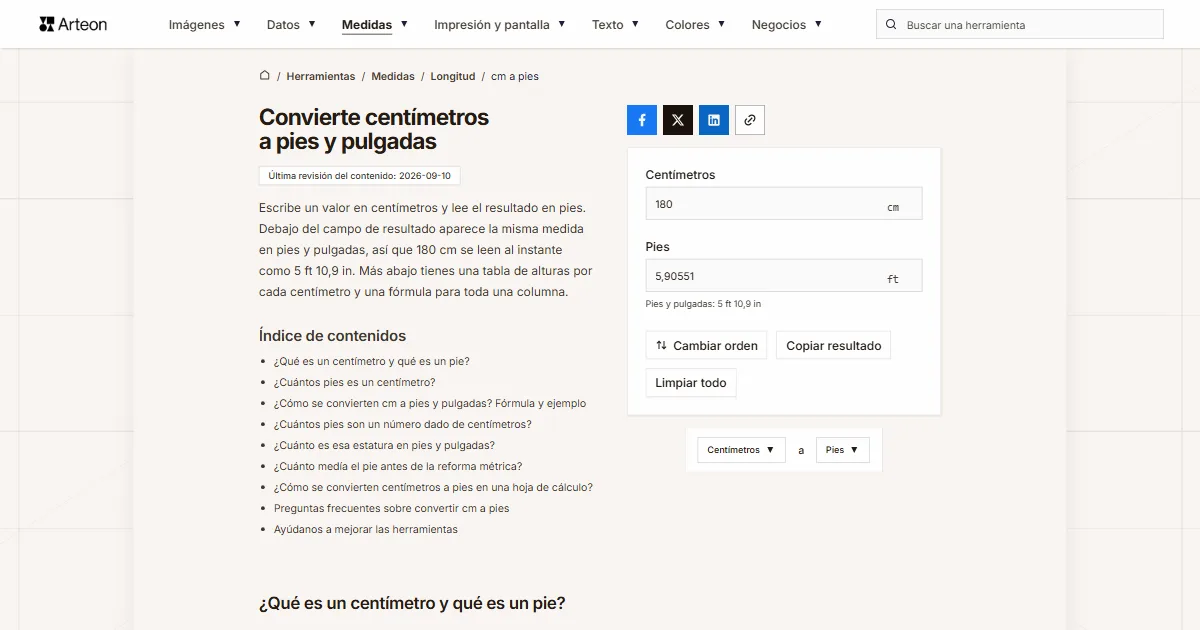 Captura de pantalla de la herramienta gratuita de Arteon: Convierte centímetros a pies y pulgadas