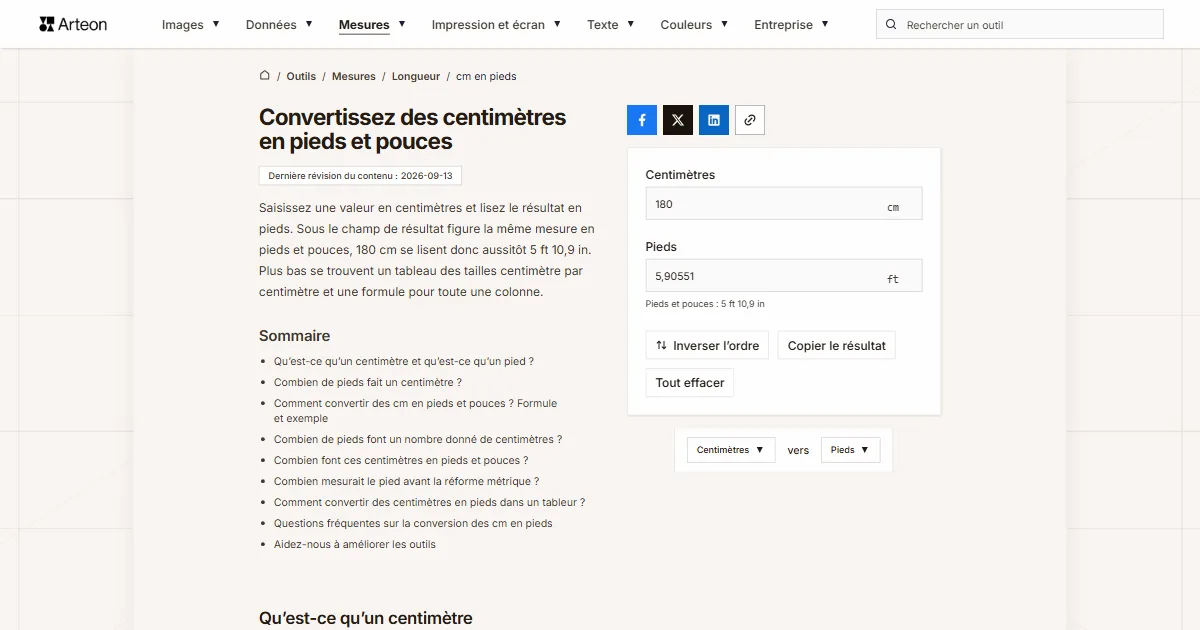 Capture d'écran de l'outil gratuit d'Arteon: Convertissez des centimètres en pieds et pouces
