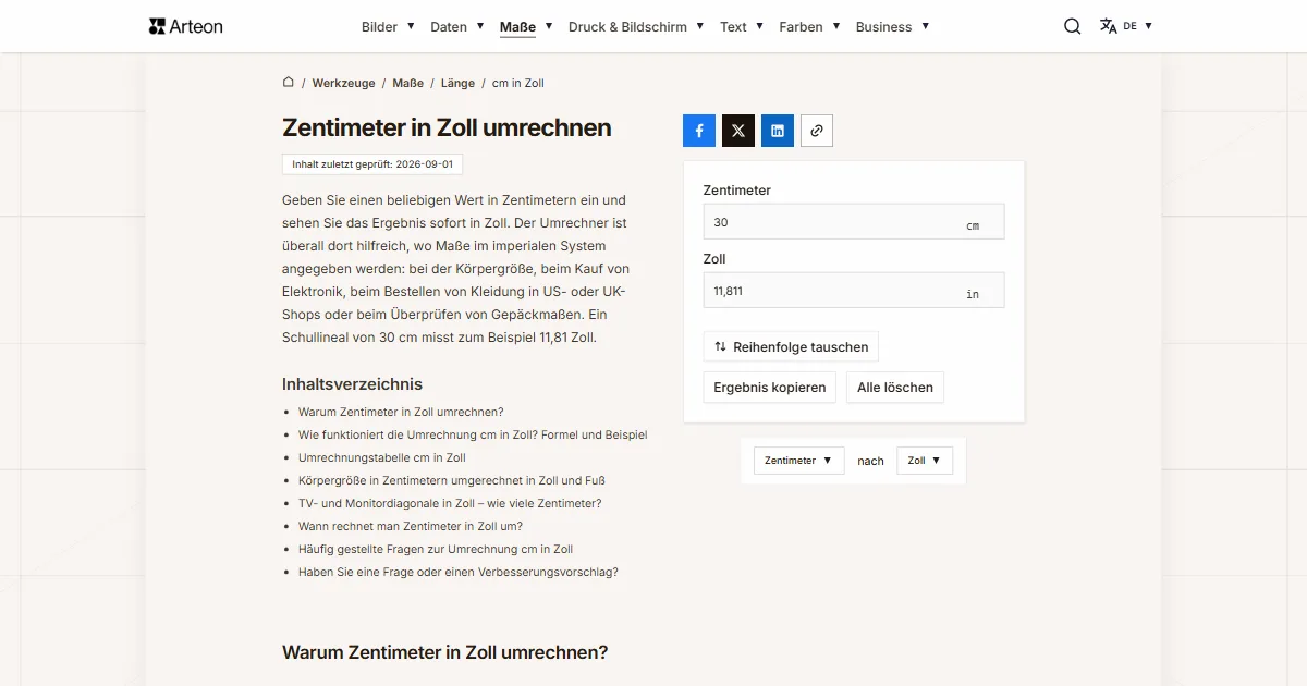 Screenshot des kostenlosen Arteon-Werkzeugs: Zentimeter in Zoll umrechnen