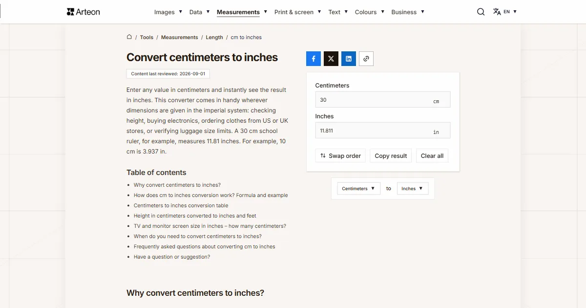 Arteon free tool screenshot: Convert centimeters to inches