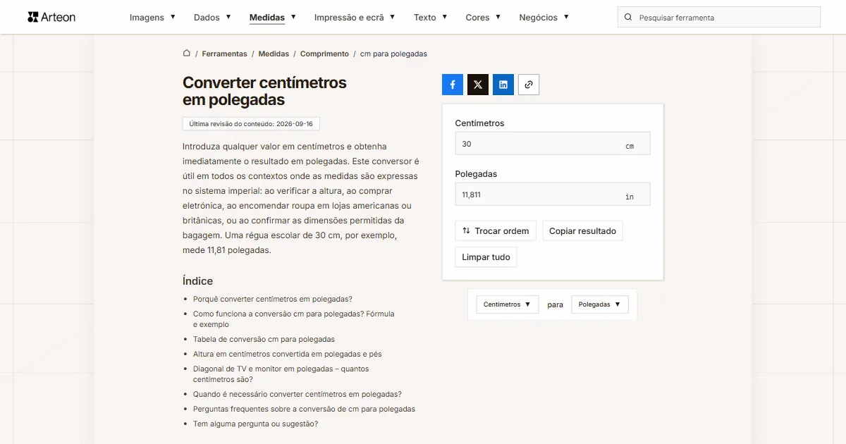 cm para polegadas
