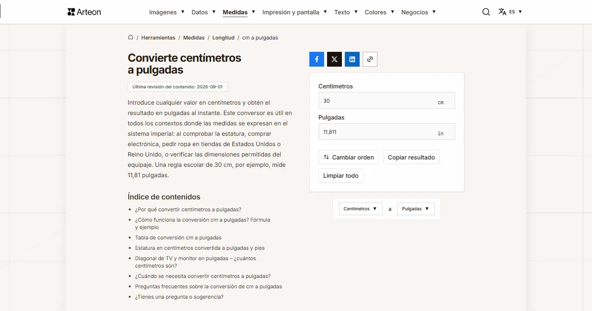 Captura de pantalla de la herramienta gratuita de Arteon: Convierte centímetros a pulgadas