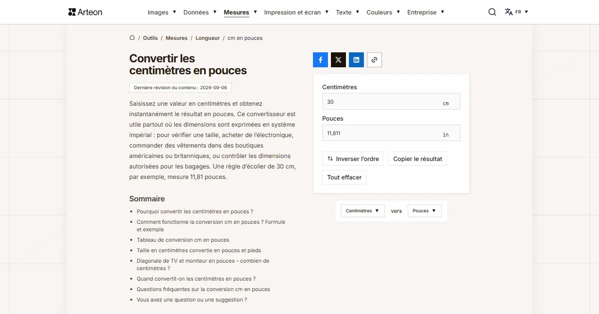 Capture d'écran de l'outil gratuit d'Arteon: Convertir les centimètres en pouces