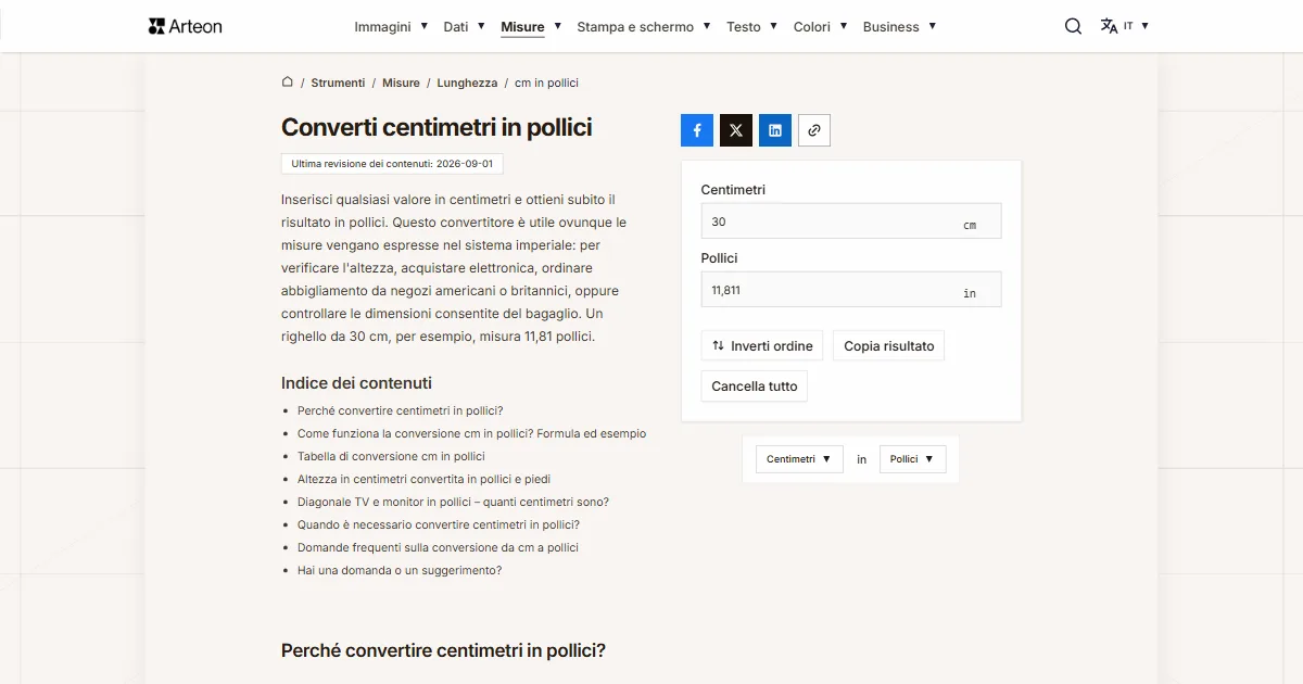 Screenshot dello strumento gratuito Arteon: Converti centimetri in pollici