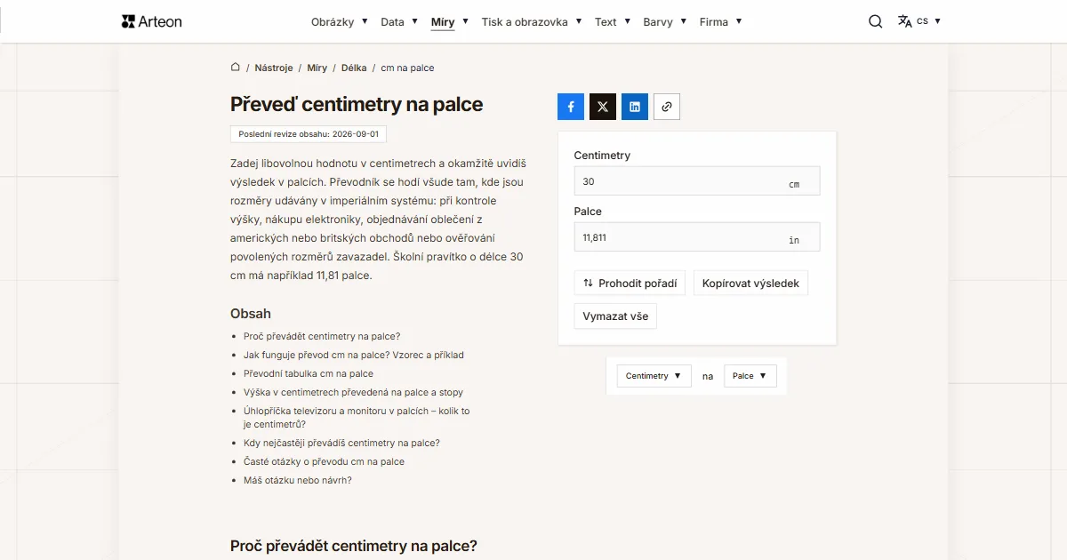 Snímek obrazovky bezplatného nástroje Arteon: Převeď centimetry na palce