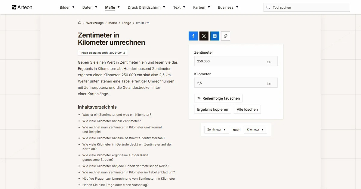 Screenshot des kostenlosen Arteon-Werkzeugs: Zentimeter in Kilometer umrechnen