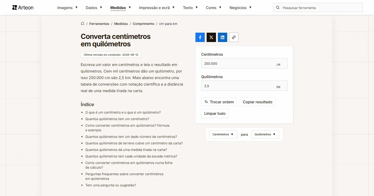 Captura de ecrã da ferramenta gratuita da Arteon: Converta centímetros em quilómetros