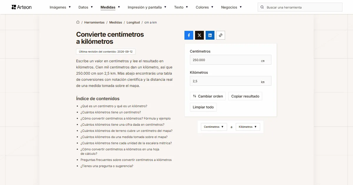 Captura de pantalla de la herramienta gratuita de Arteon: Convierte centímetros a kilómetros