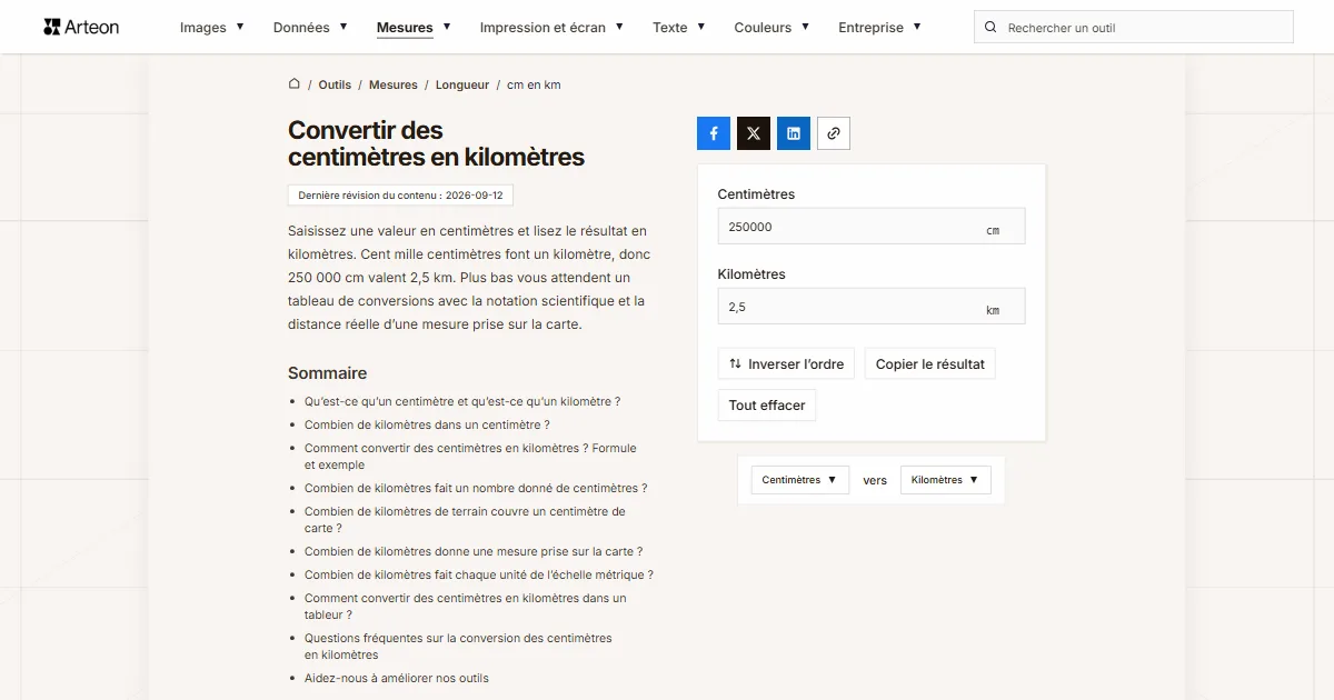 Capture d'écran de l'outil gratuit d'Arteon: Convertir des centimètres en kilomètres