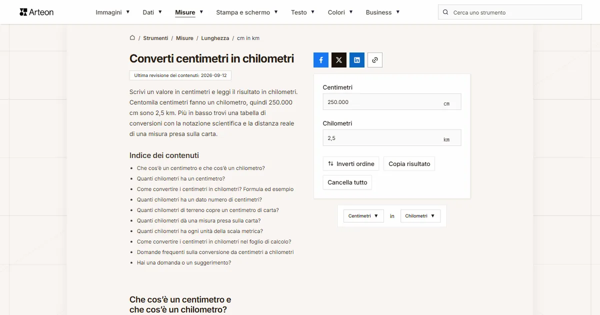 Screenshot dello strumento gratuito Arteon: Converti centimetri in chilometri