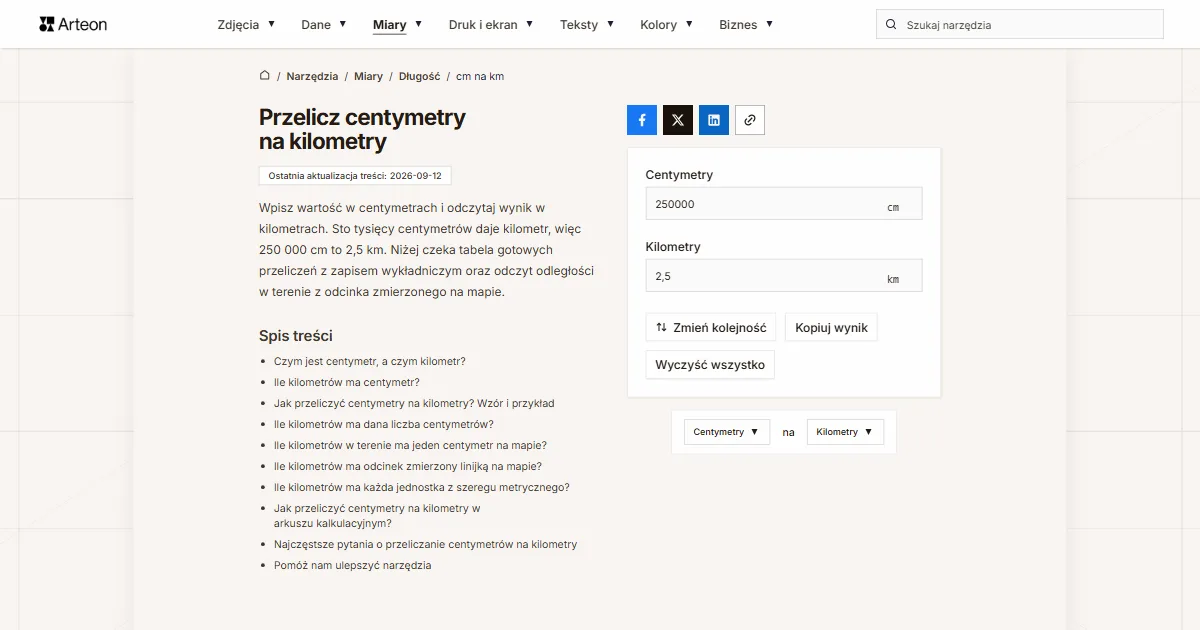 Zrzut ekranu darmowego narzędzia Arteon: Przelicz centymetry na kilometry