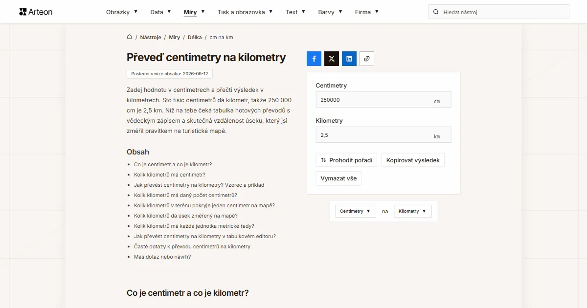 Snímek obrazovky bezplatného nástroje Arteon: Převeď centimetry na kilometry