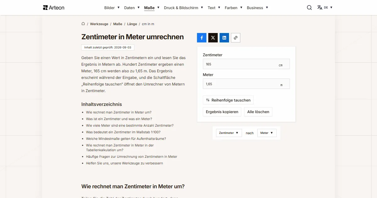 Screenshot des kostenlosen Arteon-Werkzeugs: Zentimeter in Meter umrechnen