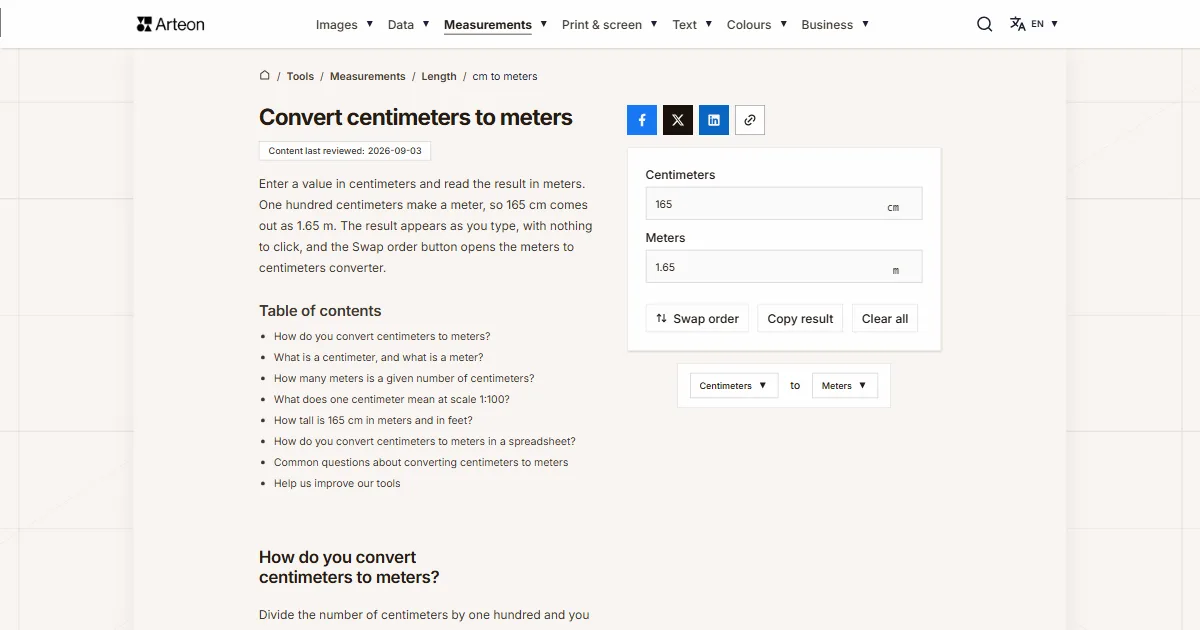 Arteon free tool screenshot: Convert centimeters to meters