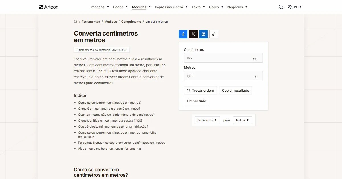 Captura de ecrã da ferramenta gratuita da Arteon: Converta centímetros em metros