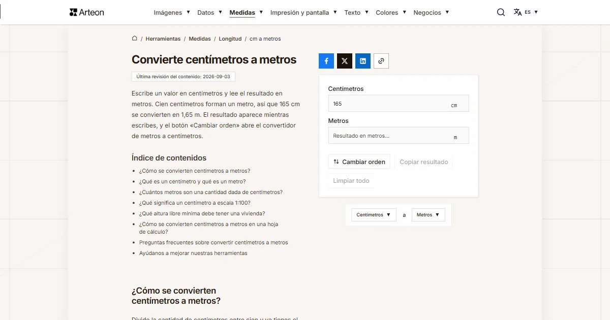Captura de pantalla de la herramienta gratuita de Arteon: Convierte centímetros a metros