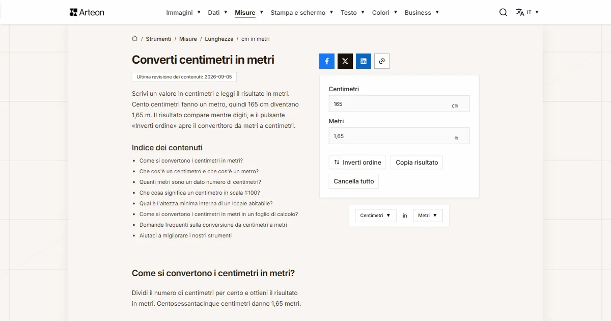 Screenshot dello strumento gratuito Arteon: Converti centimetri in metri