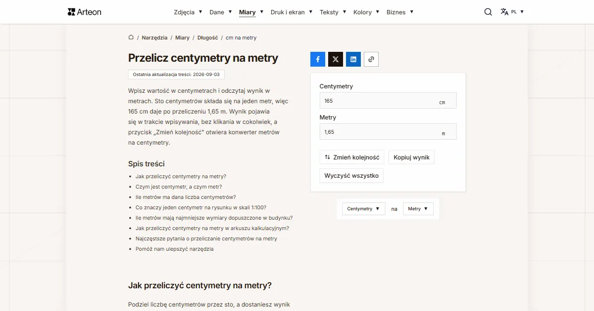 Zrzut ekranu darmowego narzędzia Arteon: Przelicz centymetry na metry