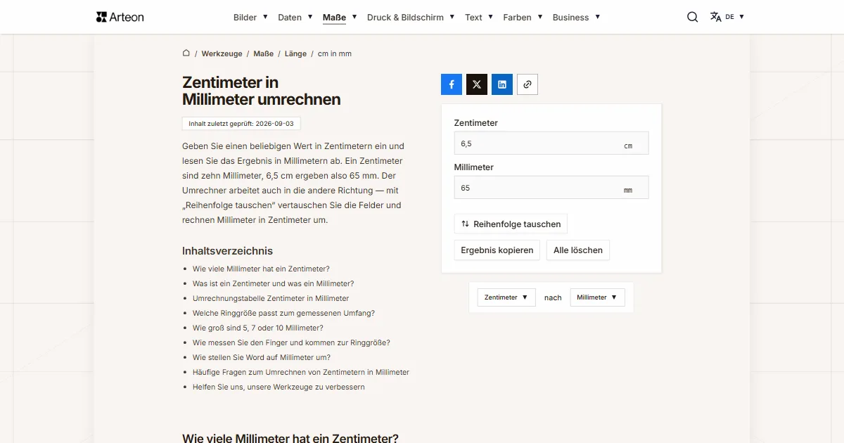 Screenshot des kostenlosen Arteon-Werkzeugs: Zentimeter in Millimeter umrechnen