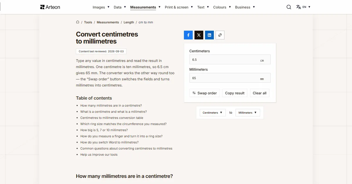 Arteon free tool screenshot: Convert centimetres to millimetres