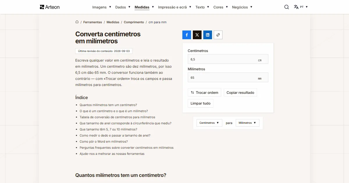 Captura de ecrã da ferramenta gratuita da Arteon: Converta centímetros em milímetros