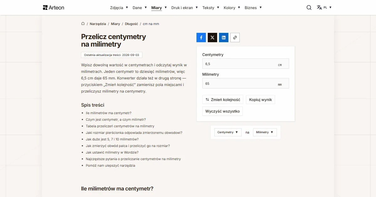 Zrzut ekranu darmowego narzędzia Arteon: Przelicz centymetry na milimetry