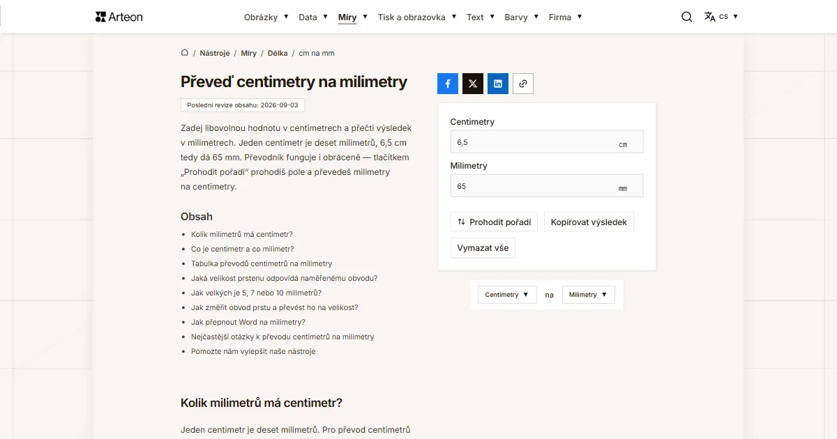 Snímek obrazovky bezplatného nástroje Arteon: Převeď centimetry na milimetry