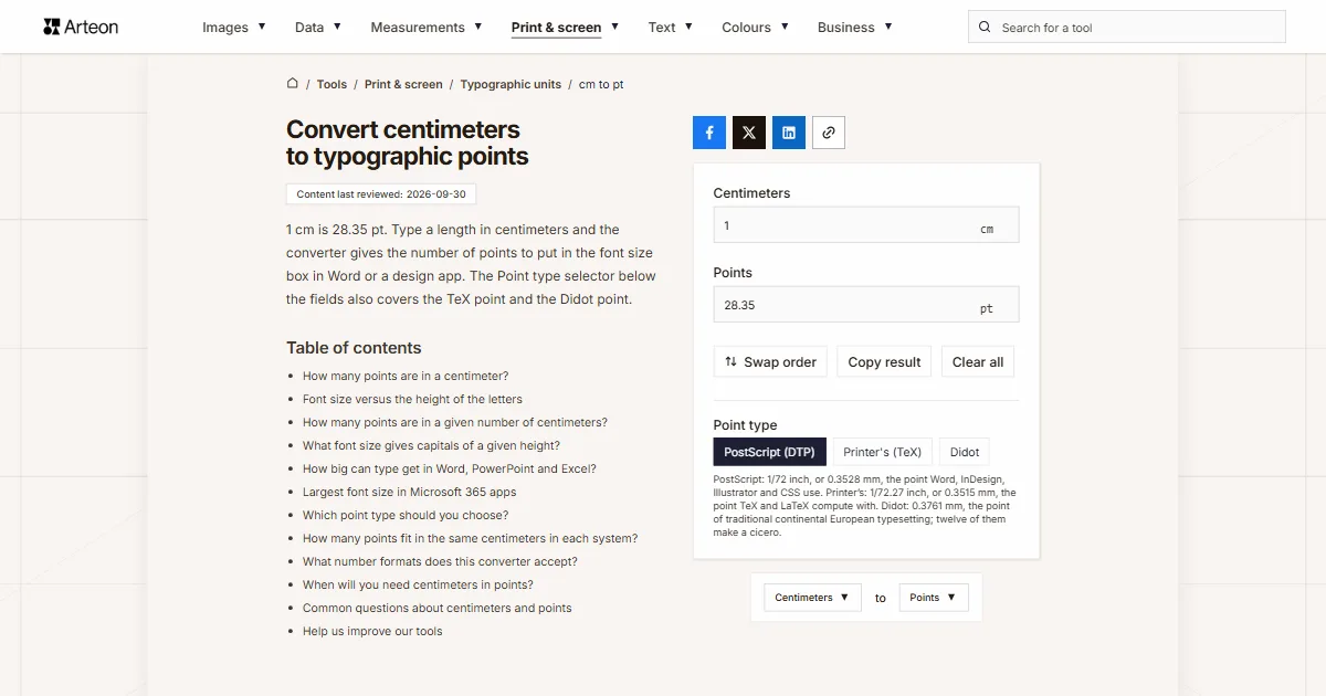 Arteon free tool screenshot: Convert centimeters to typographic points