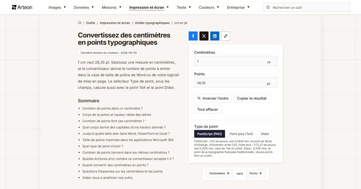 Capture d'écran de l'outil gratuit d'Arteon: Convertissez des centimètres en points typographiques