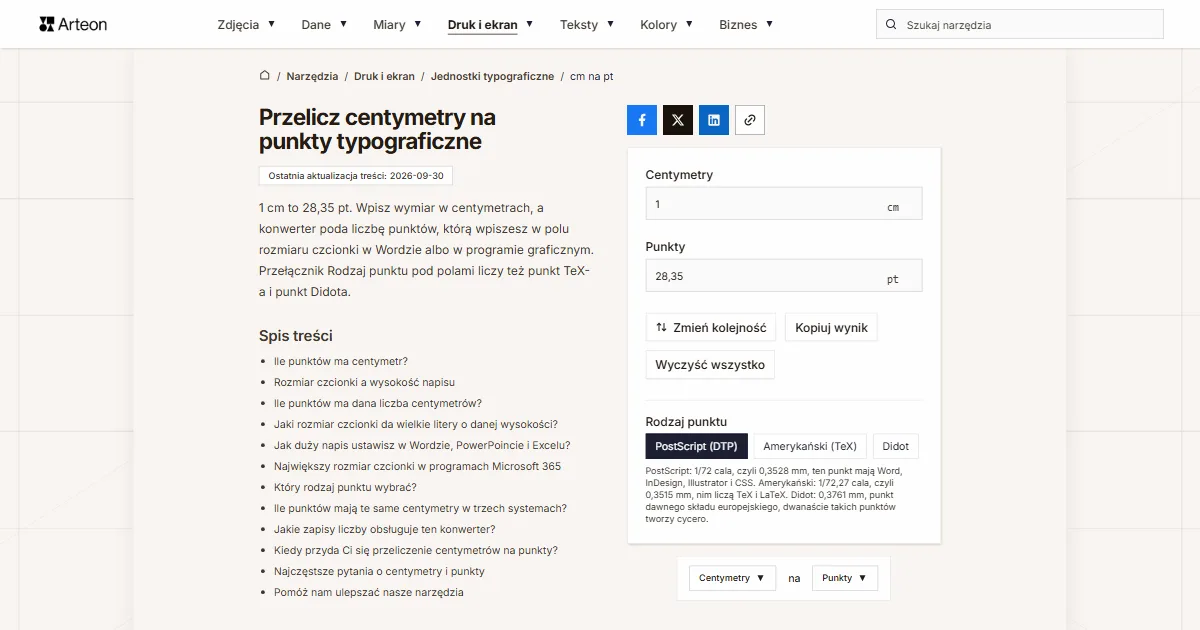 Zrzut ekranu darmowego narzędzia Arteon: Przelicz centymetry na punkty typograficzne