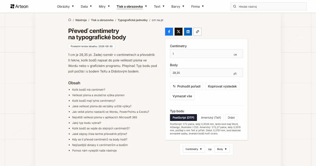 Snímek obrazovky bezplatného nástroje Arteon: Převeď centimetry na typografické body