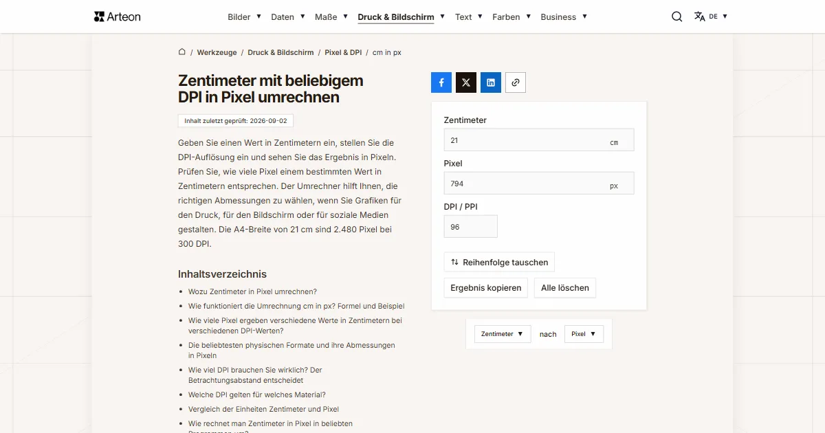 Screenshot des kostenlosen Arteon-Werkzeugs: Zentimeter mit beliebigem DPI in Pixel umrechnen