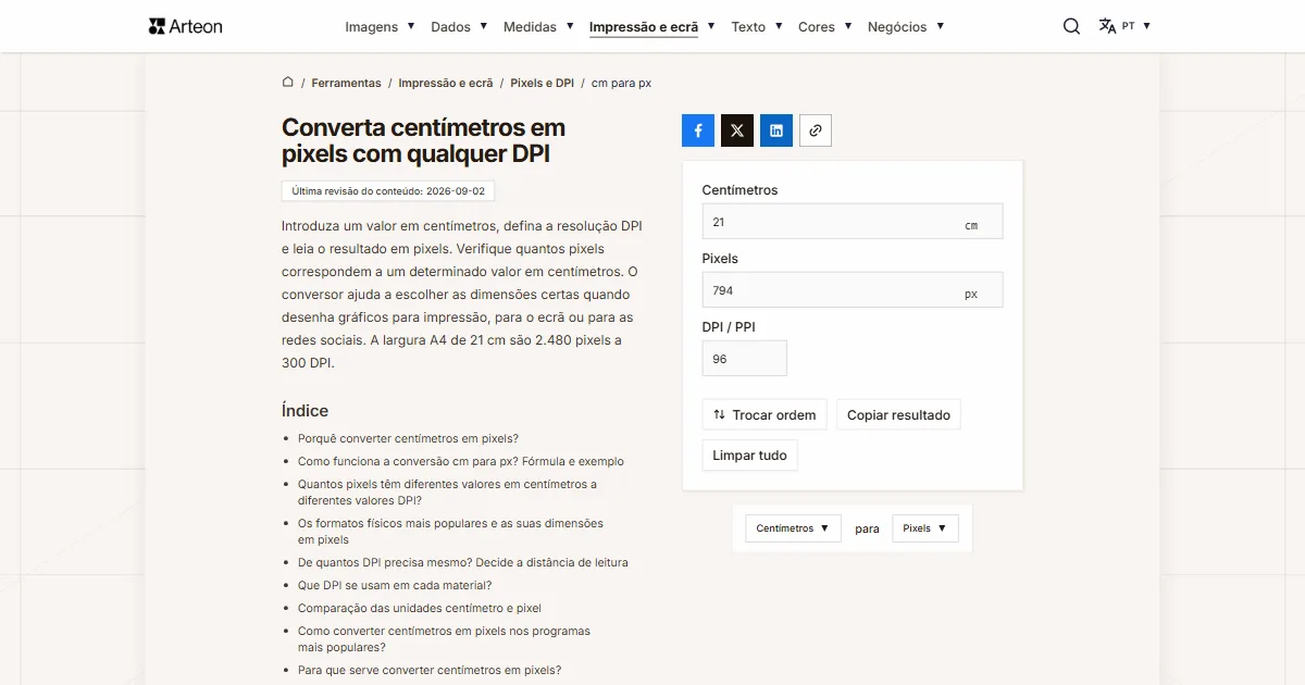 Captura de ecrã da ferramenta gratuita da Arteon: Converta centímetros em pixels com qualquer DPI