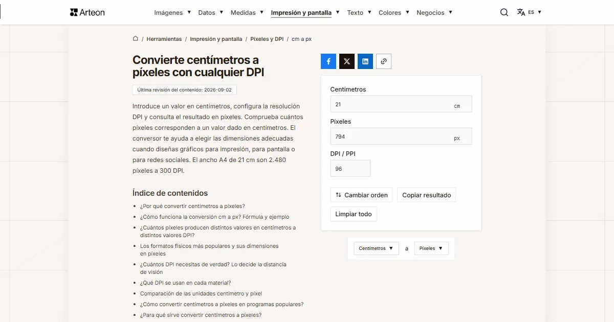 Captura de pantalla de la herramienta gratuita de Arteon: Convierte centímetros a píxeles con cualquier DPI