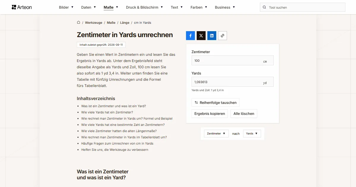 Screenshot des kostenlosen Arteon-Werkzeugs: Zentimeter in Yards umrechnen
