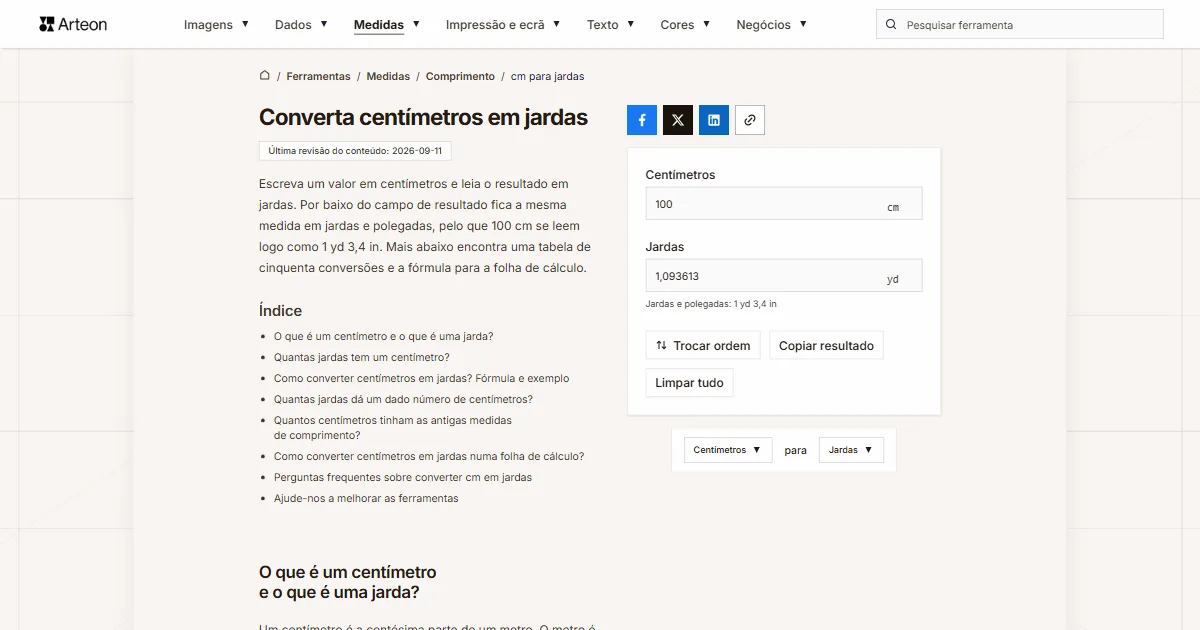 Captura de ecrã da ferramenta gratuita da Arteon: Converta centímetros em jardas