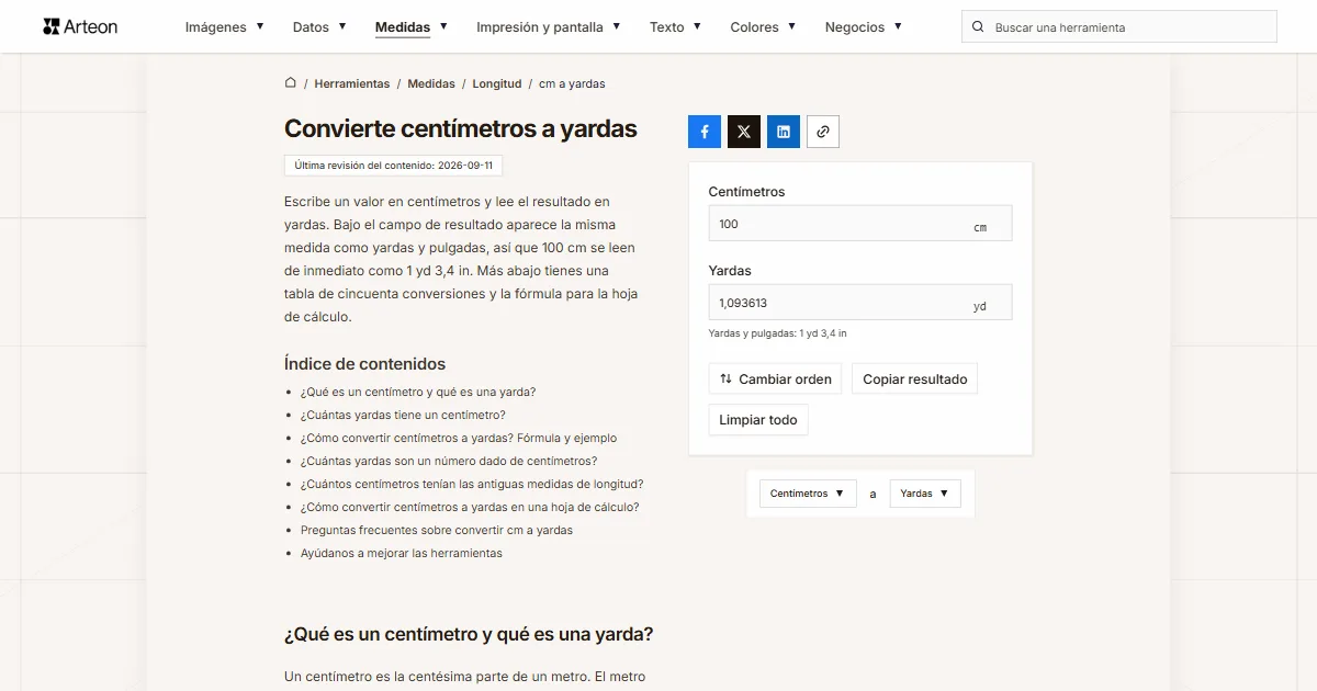 Captura de pantalla de la herramienta gratuita de Arteon: Convierte centímetros a yardas