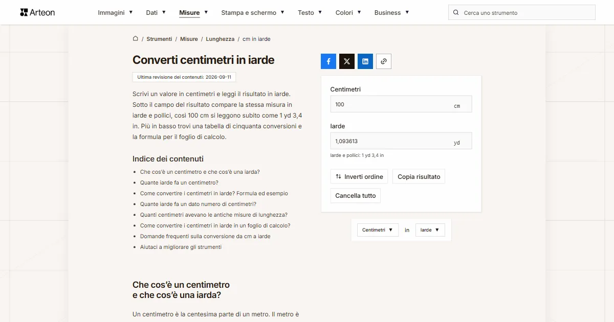 Screenshot dello strumento gratuito Arteon: Converti centimetri in iarde