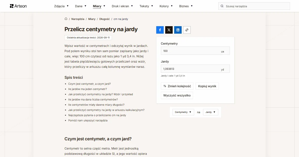 Zrzut ekranu darmowego narzędzia Arteon: Przelicz centymetry na jardy