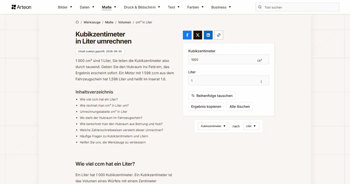 Screenshot des kostenlosen Arteon-Werkzeugs: Kubikzentimeter in Liter umrechnen