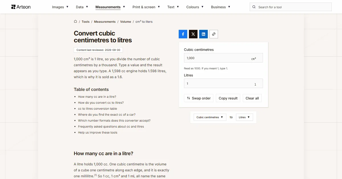 Arteon free tool screenshot: Convert cubic centimetres to litres